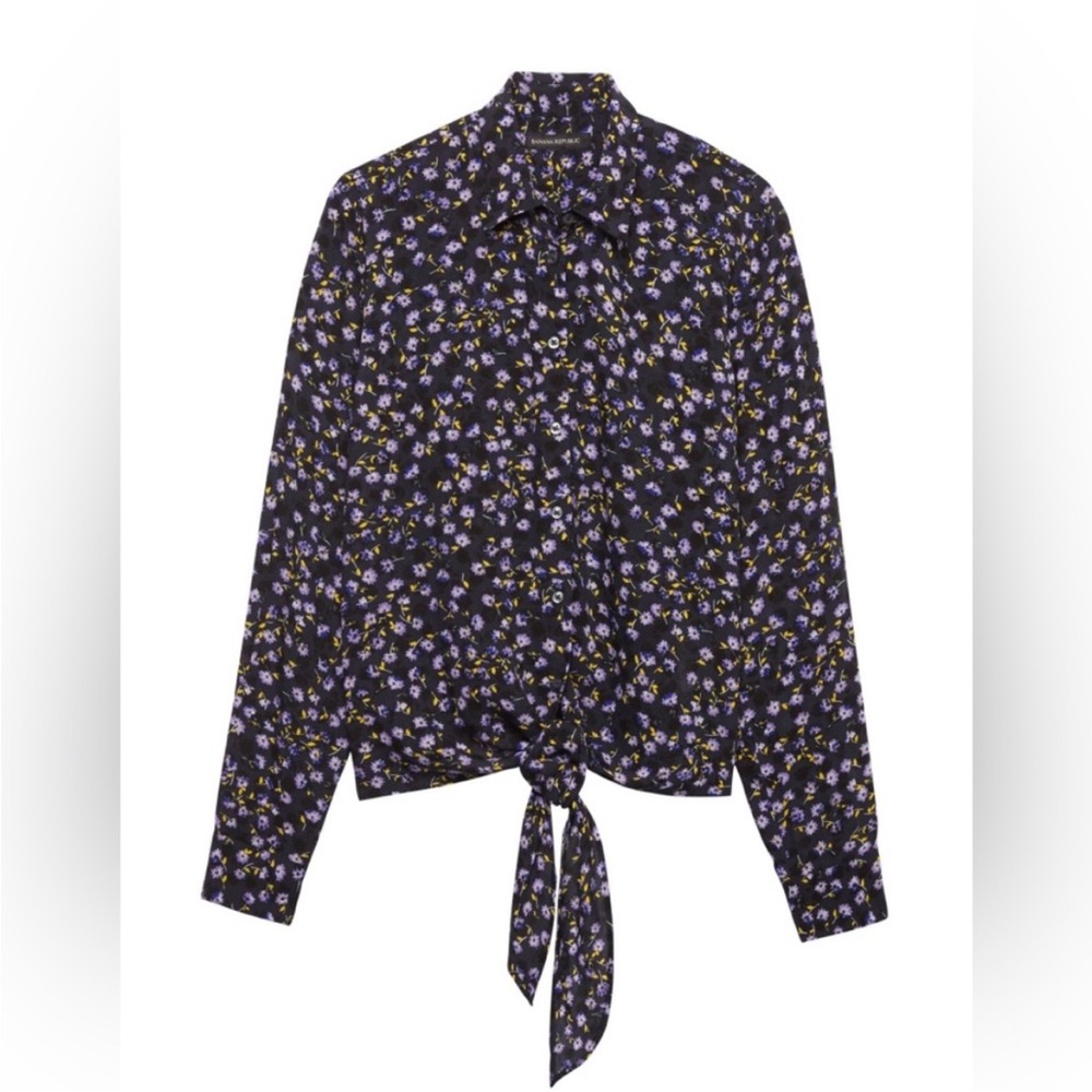 Banana Republic Black Floral Tie-Neck Blouse with Purple & Yellow Flowers